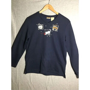 Womens Bobbie Brooks Sweater Cat Design Embroidery V Neck Soft Navy Blue